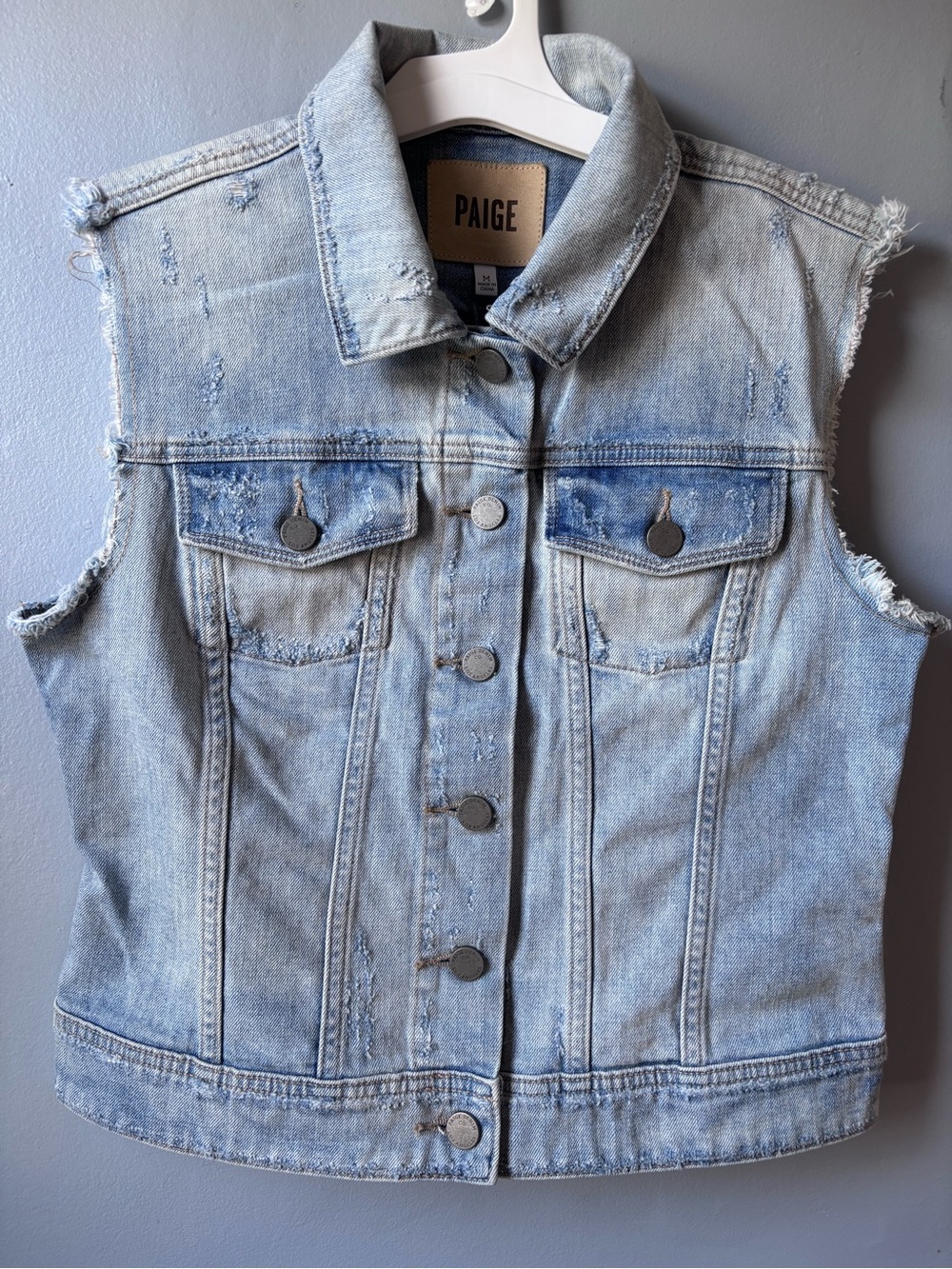 PAIGE Light Wash Distressed Denim Vest size Medium